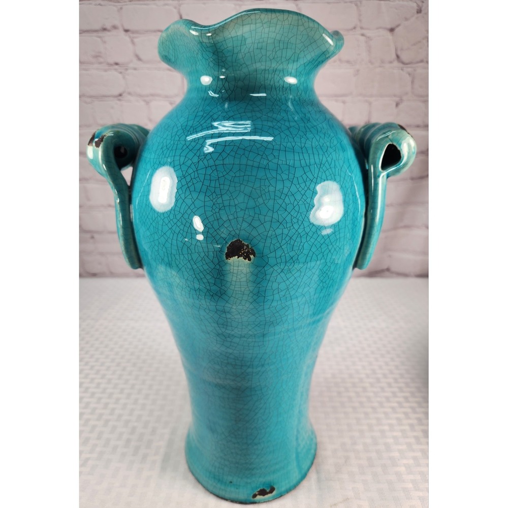 Vtg Large Pottery Vase handles‎ Rustic Glazed Crackled Turquoise